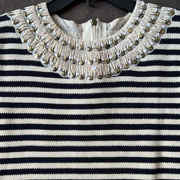 Tory Burch Dark Navy and Beige Striped Dress, Embellished Neck Line Trim - Picture 2 of 5